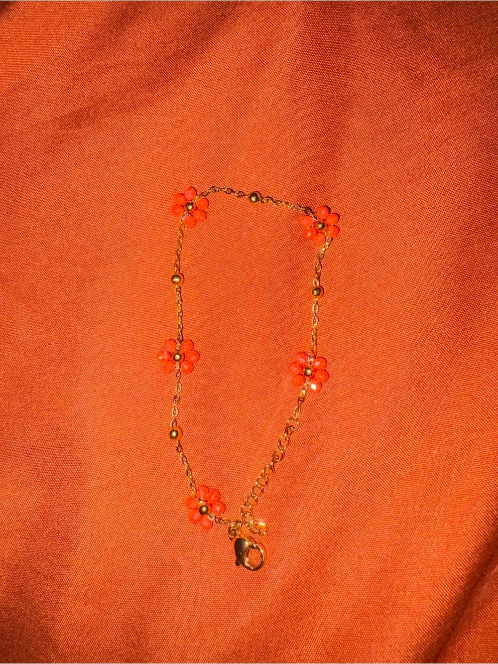 Gold Chain Bracelet with Orange Flower Beads - Women Jewelry